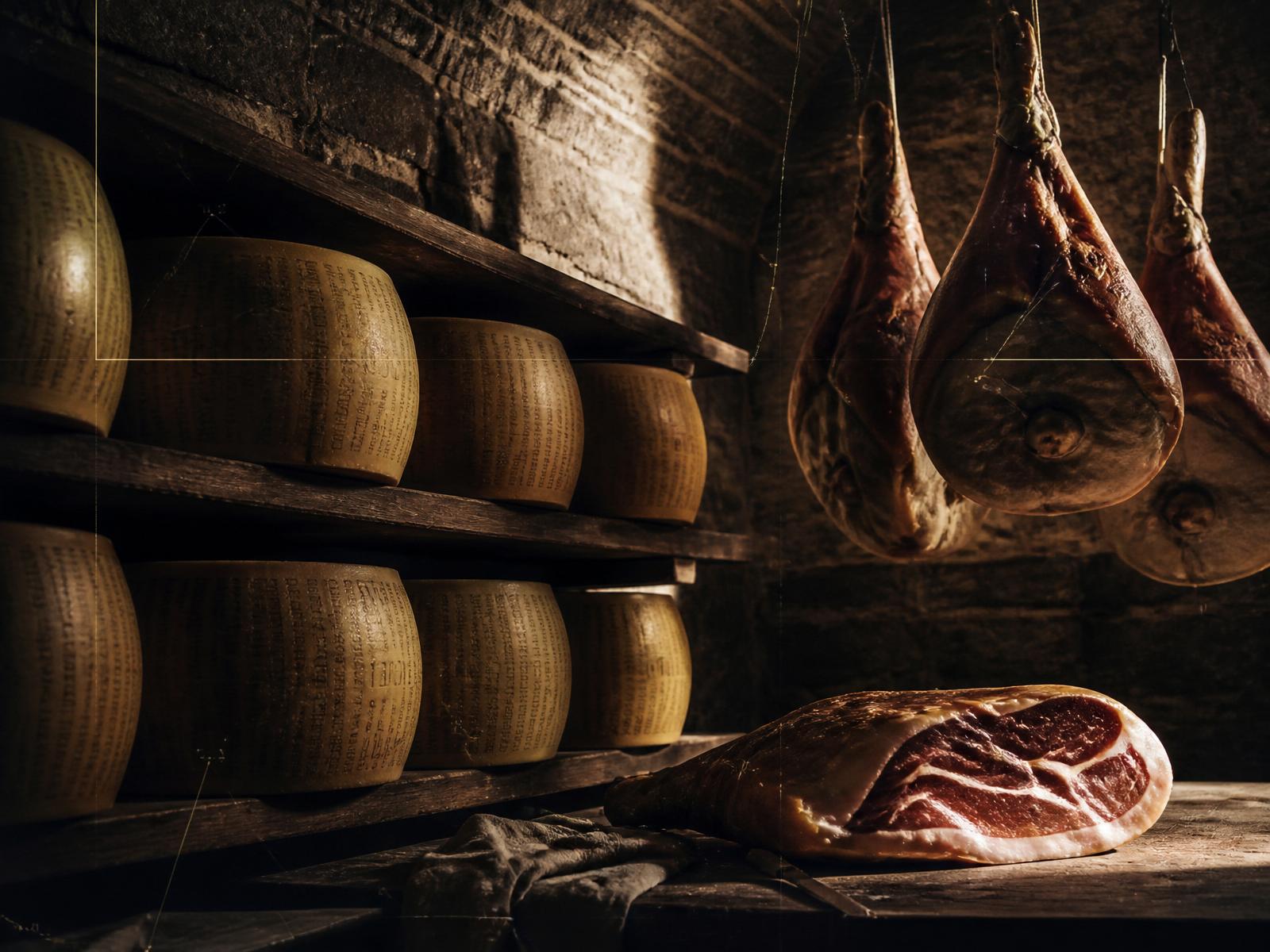 Aged hard cheeses and cured meats aging in a stone cellar