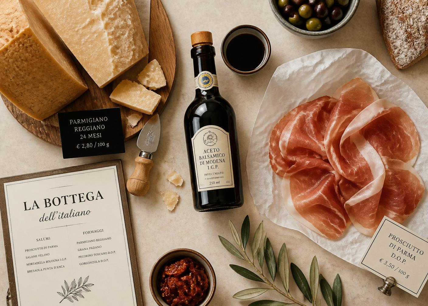 Italian delicatessen counter with aged cheeses, cured meats and preserves